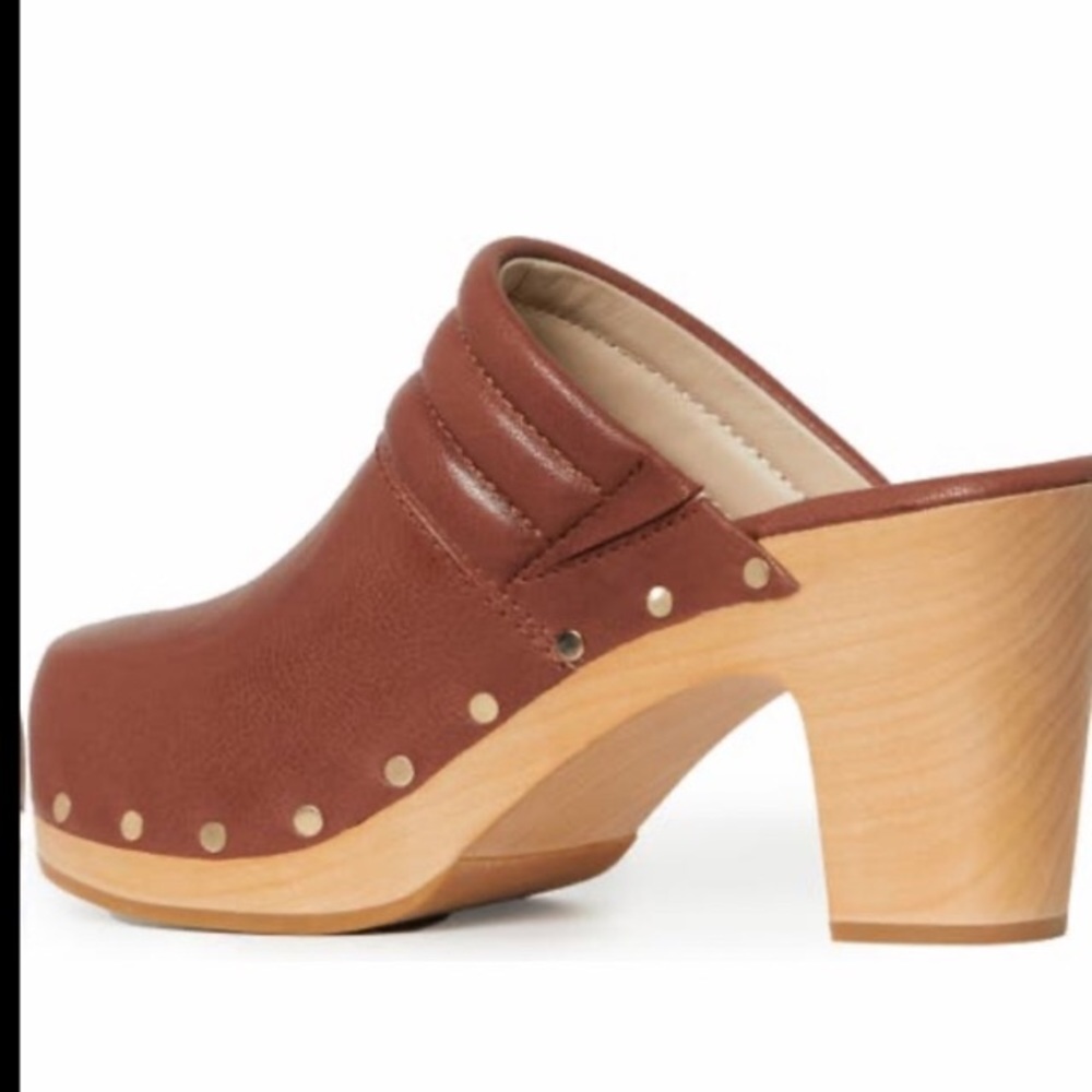 Whiskey Brown Leather Studded Clog Wooden Heel | Paige Robbie - Picture 2 of 8